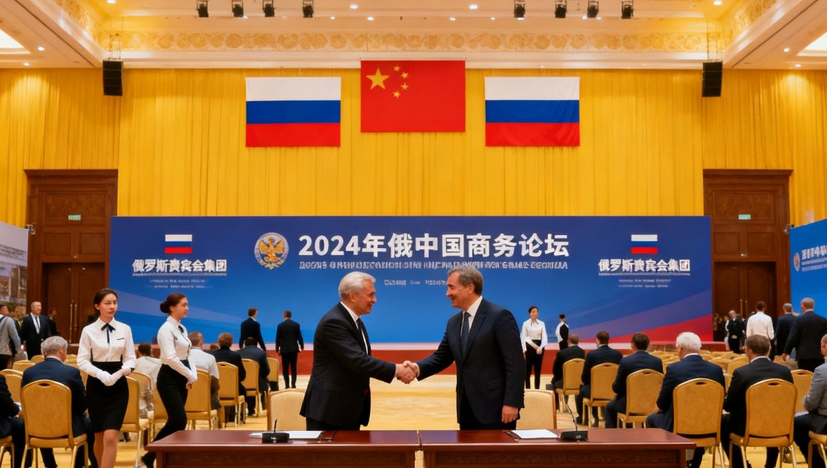 2025年俄中商务论坛主会场全景，宽敞明亮的会议大厅内悬挂着两国国旗，两国企业家代表在签约仪式后热情握手，背景可见俄罗斯贵宾会集团的服务人员在有序引导嘉宾入座。